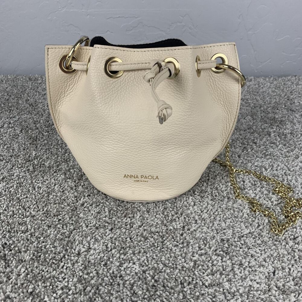 Anna Paola Bucket Bag Mini White Cream Italian Leather Chain Strap Drawstring